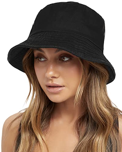 FURTALK Bucket Hats for Women Washed Cotton Packable Summer Beach Sun Hats Mens Womens Bucket Hat with Strings for Travel Black