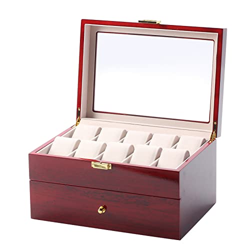 Nisorpa 20 Slots Wooden Watch Box Glass Top Men Watches Display Case Organizer Women Watch Collection Boxes Red,Gift for Christmas Valentine’s Day Mother's Day