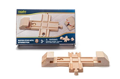 Maxim Enterprise, inc. Wooden Intersection Track with Buffer Stops, Wooden Track Accessories for Toy Train, 2 Red and White Striped Buffers with Intersection, Compatible Major Brand Wooden Railways
