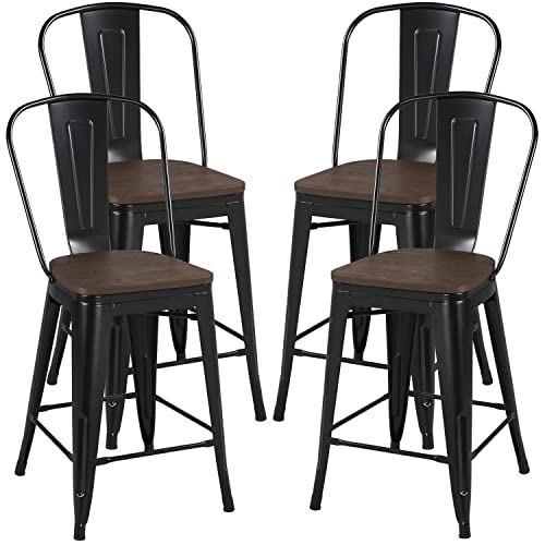 Yaheetech 24Inch Seat Height Dining Stools Chairs with Wood Seat/Top and High Backrest, Industrial Metal Counter Height Stool, Modern Kitchen Dining Bar Chairs Rustic, Black, Set of 4