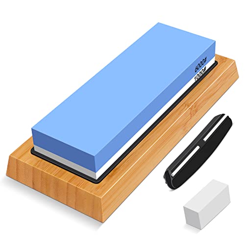 Sharpening Stone Whetstone Set 2 Side Grit 1000/6000, Professional Whetstone Knife Sharpener, Knife Sharpening Stone Kit with Bamboo Base, Flatting Stone, Angle Guide