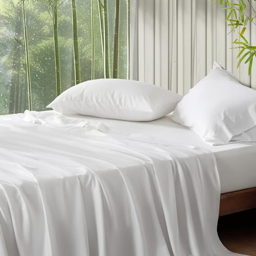 Bedsure Queen Sheets, Rayon Derived from Bamboo, Queen Cooling Sheet Set, Deep Pocket Up to 16', Breathable & Soft Bed Sheets, Hotel Luxury Silky Bedding Sheets & Pillowcases, White