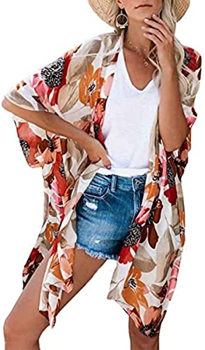 CHICGAL Kimono Cardigans for Women Floral Print 3/4 Sleeve Loose Cover Up Casual Blouse Tops (Sandy Apricot,M)