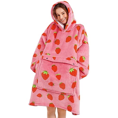 Narecte Oversized Blanket Hoodie Blanket for Women,Wearable Blanket Adult Giant Hoodie Cozy Sweatshirt Kawaii Stuff,Birthday Gifts for Women, for Sister,Teen Girl Gifts Strawberry