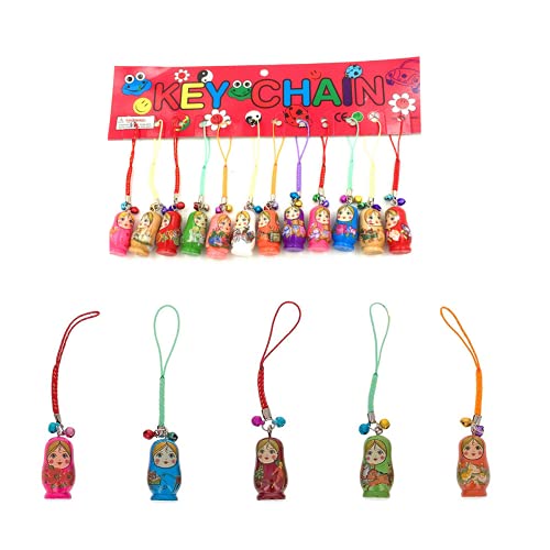 Hotusi Set of 12 Fashion Jewelry Drip Charm Key Chains Wood Matryoshka Russian Dolls Key Rings Keychains Decorative Gifts