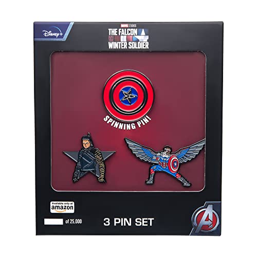 Marvel Studios: The Falcon and The Winter Soldier Metal based and Enamel 3 Lapel Pin Set with 16cm Officially Licensed Circular Window Box. (Amazon Exclusive)