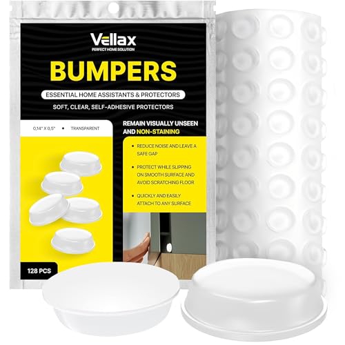 Vellax Cabinet Door Bumpers 128 Pcs - 1/2” Diameter Clear Self Adhesive Pads, Cabinet Stoppers, Rubber Bumpers for Drawers, Cupboards, Cutting Boards, Glass Tops, Picture Frames, Kitchen Furniture