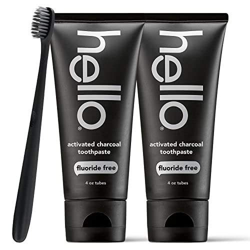 Hello Activated Charcoal Epic Teeth Whitening Fluoride Free Toothpaste and Toothbrush, Fresh Mint and Coconut Oil, Vegan, SLS Free, Gluten Free and Peroxide Free, 4 Ounce (Pack of 2)