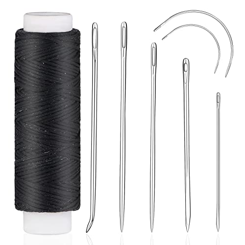 Ftyiwu Waxed Thread 32 Yards, Leather Sewing Waxed Thread with Hand Sewing Needles, Leather Sewing Thread Set for Home Upholstery Carpet Leather Canvas Repair and Sewing (Black)