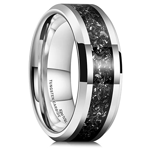 King Will Tungsten Carbide Wedding Band for Men - 8mm Silver High Polished Meteorite Fragment Inlay Wedding Ring for Daily Wear 10.5
