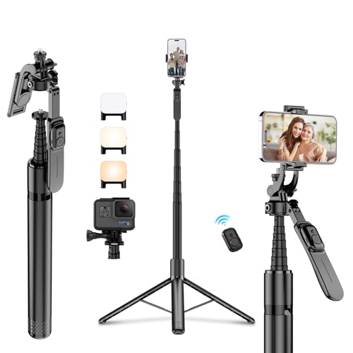 80' Phone Tripod & Selfie Stick,Aluminum Alloy Travel Tripod with Fill Light,360°Rotation All-in-1 Extendable Tripod Stand with Wireless Remote,Compatible with iPhone/Android/Camera/GoPro