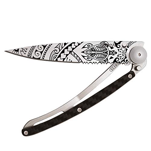 deejo - Serrated 1.3 OZ, Carbon Fiber, Titanium, Polynesian - Half Serrated - Ultra-Light Pocket Folding Knife with a Belt Clip - Stainless Steel Z40C13