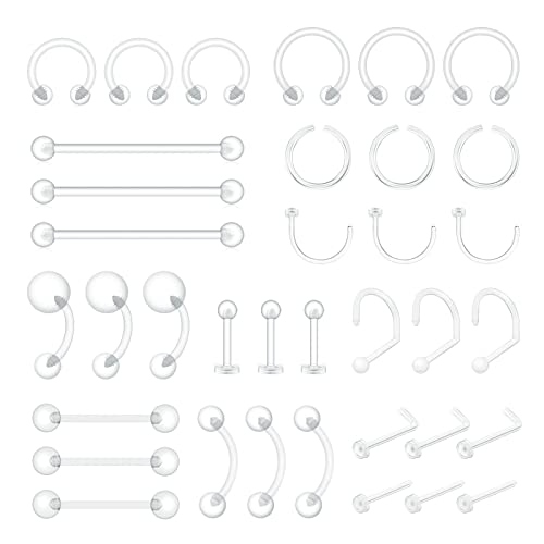 PiercingArt 36pcs Clear Piercing Retainers Plastic Piercing Jewelry Clear Tongue Nipple Nose Eyebrow Septum Belly Rings Facial Earring Tragus Lip Labret Studs Industrial Bars For Surgery