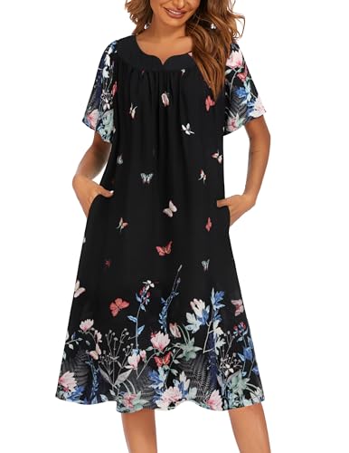 Ekouaer Womens Nightgown Short Sleeve House Dress with Pockets-Floral Print Mumu Dress Mumus for Women with Pockets Butterfly Sleep Shirt S-XXXL