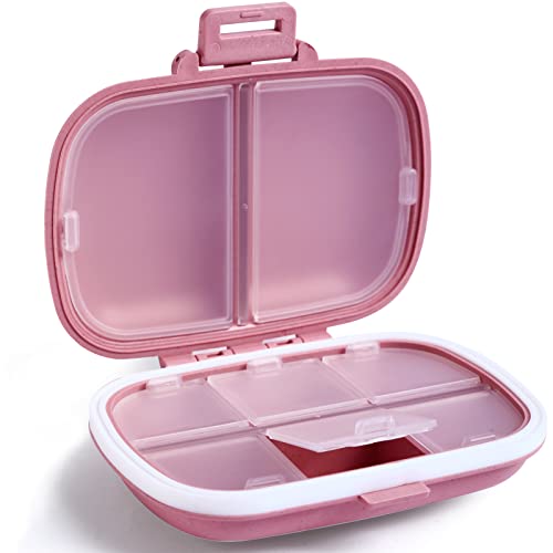 Holii Travel Pill Organizer, 8 Compartments Portable Pill Case, Daily Pill Box to Hold Vitamins, Small Pill Container for Pocket Purse Medicine Organizer（Pink）