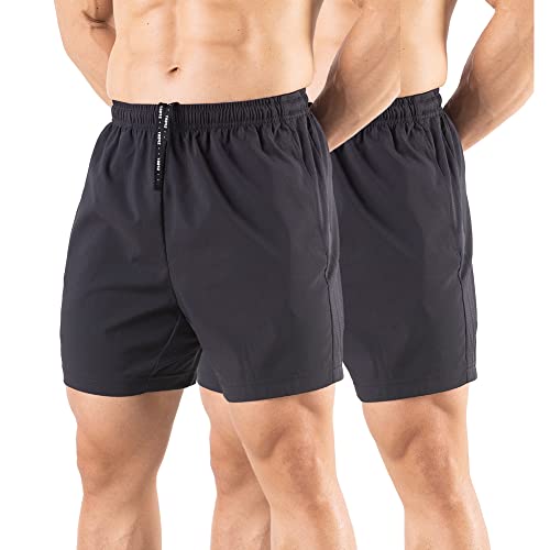 Gaglg Men's 5' Running Shorts 2 Pack Quick Dry Athletic Workout Gym Shorts with Zipper Pockets Black/Black,Medium