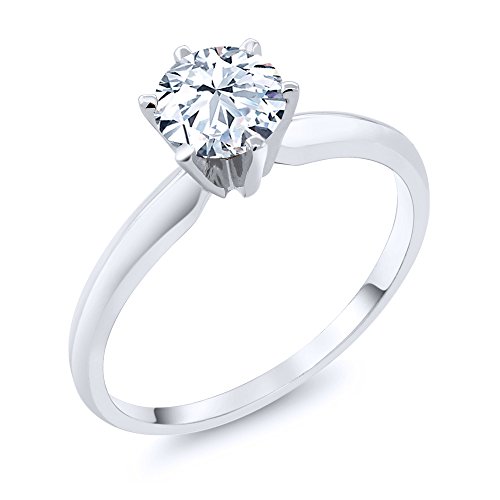 Gem Stone King 14K White Gold Hearts And Arrows White Created Sapphire Engagement Solitaire 6 Prong Ring For Women (1.20 Ctw, Round 6MM, Available In Size 5,6,7,8,9)