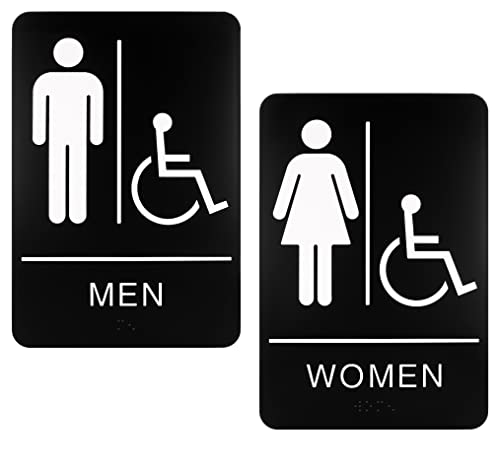 Restroom Sign for Business - ADA Compliant Braille Bathroom Sign with Double Sided Tape to Secure Perfectly in Less Than a Minute - Size 9 x 6 Inch (Men's & Women's Handicap Set)