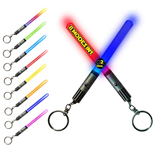 LIGHTSABER KEYCHAIN LIGHT UP LED STAR WARS Glowing Light Saber Key Chain Lightup Sabers 8 COLOR MODES: Green, Blue, Red, Baby Blue, Pink, Yellow, White, Rainbow - 2 PACK