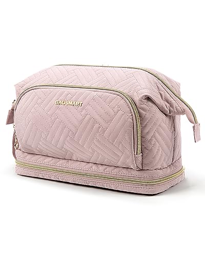 BAGSMART Travel Makeup Bag, Cosmetic Bag Make Up Organizer Case, Dorm Room Essentials Large Wide-open Pouch Women Travel Essentials Double Layers Purse for Toiletries Accessories Brushes Pink
