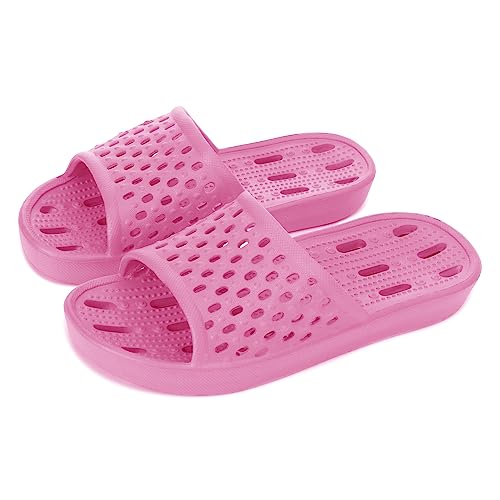 NewDenBer Women's Shower Shoes Non-Slip Rubber Bathroom Shower Slippers with Drain Holes (9.5 Women, Electric Pink)