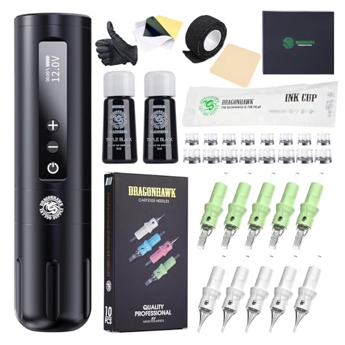 Dragonhawk Wireless Tattoo Gun Kit, L2 Rotary Tattoo Gun Machine Pen with Large Battery Power Supply, Beginner Tattoo Kit Needles Cartridges, Black Inks, Gift Box