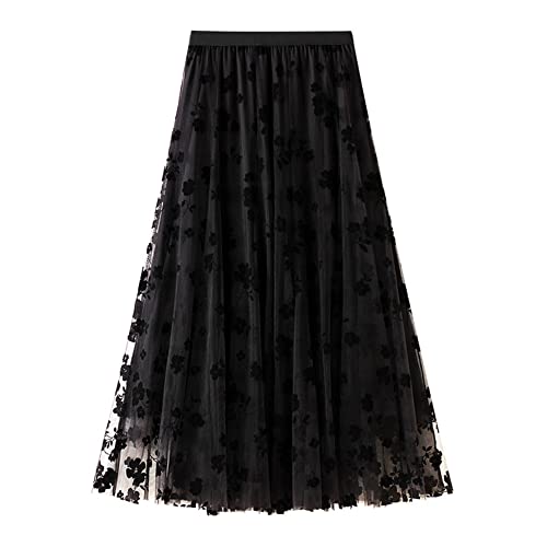 Dirholl Women's A-Line Fairy Elastic Waist Tulle Midi Skirt Flowers Black