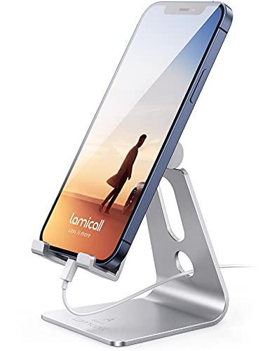 Lamicall Adjustable Cell Phone Stand, Desk Phone Holder, Cradle, Dock, Compatible with Phone 12 Mini 11 Pro Xs Max XR X 8 7 6 Plus SE Charging, Office Accessories, All Android Smartphone - Silver