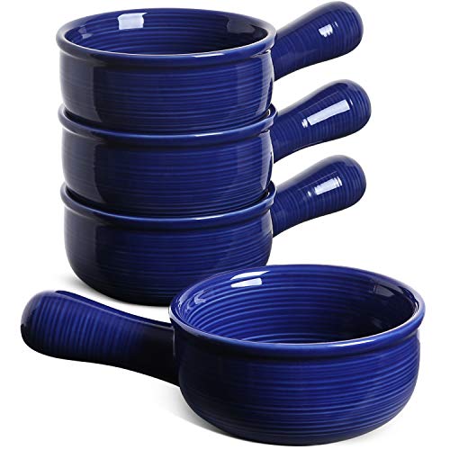 LE TAUCI French Onion Soup Bowls With Handles, 15 Ounce for Soup, chili, beef stew, Set of 4, Blue
