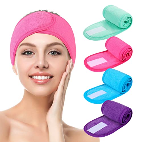 Facial Spa Headbands 4pcs, Makeup Shower Bath Wrap Sport Headband Terry Cloth Stretch Towel with Magic Tape (Blue, Mint Green, Purple, Rose)