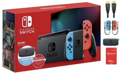 Nintendo 2021 Switch Console 32GB Console with Neon Blue and Neon Red Joy-Con, 6.2' Touchscreen LCD Display + Carrying Case + 12 Month Switch Online Membership + Hubxcel HDMI Holiday Bundle