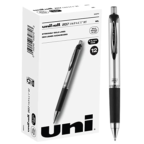 Uniball Signo 207 Impact RT Retractable Gel Pen, 12 Black Pens, 1.0mm Bold Point Gel Pens| Office Supplies by Uni-ball like Ink Pens, Colored Pens, Fine Point, Smooth Writing Pens, Ballpoint Pens
