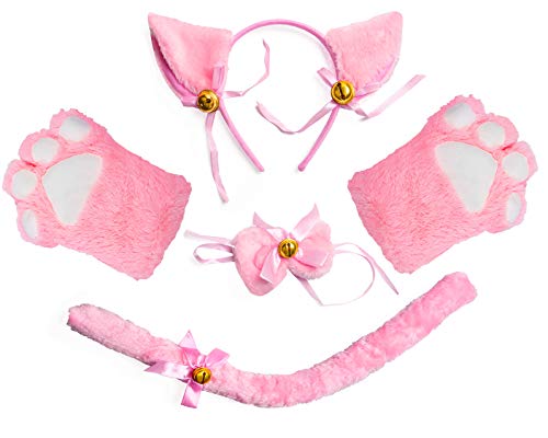 Beelittle Cat Cosplay Costume Kitten Ears Tail Collar Paws Cat Cosplay Collection 5 Pack (Pink)