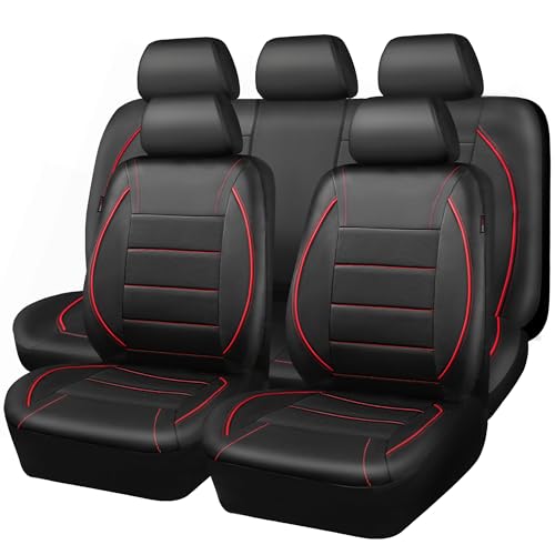 CAR PASS Universal FIT Piping Leather Car Seat Cover, for suvs,Van,Trucks,Airbag Compatible,Inside Zipper Design and Reserved Opening Holes (Full Set, Black and Red)