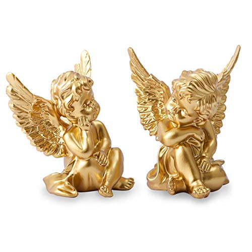 OwMell Set of 2 Gold Angels Resin Cherubs Statue Figurine, Indoor Outdoor Home Garden Decoration 4 Inch, Adorable Angel Sculpture Memorial Statue A Pair