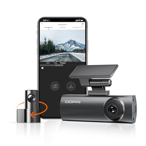 DDPAI Dash Cam 1296P+1080P Front and Rear, Car Camera with WiFi, Control App, Super Capacitor, Night Vision, 24H Parking Mode, G-Sensor, Loop Recording, Collision Lock, N1 Dual