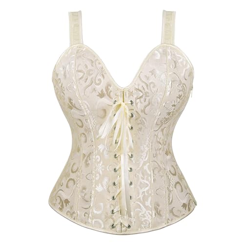 Zhitunemi Women Sexy Boned Lace up Corsets and Strap Bustiers Top Overbust shaper Large Beige