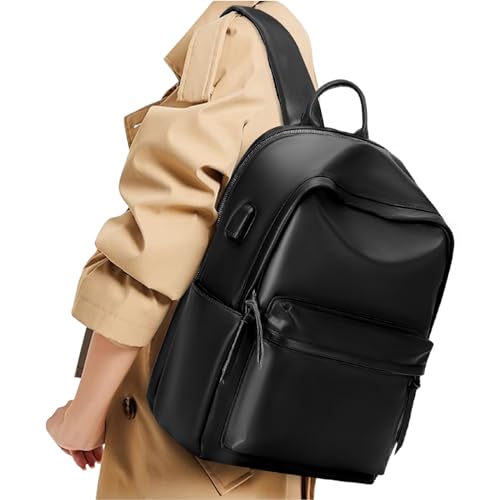 VECAVE Lightweight Backpack for Women Men,Travel Casual Daypack Laptop Rucksack, Waterproof College High Secondary Bookbag PU Leather Computer Laptop Bag Black