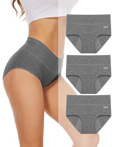 PULIOU Period Underwear for Women Menstrual Panties Teens High Waisted Cotton Postpartum 3 Pack Grey,Adult