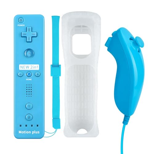 QUMOX Remote Game Control, Built-in Motion Plus Remote and Nunchuk Controller with Silicon Case for Wii and Wii U (Blue)