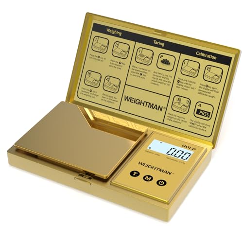 WEIGHTMAN Digital Scale Gram, 200g/0.01g Pocket Scale Gold Titanium Plating, LCD Backlit Display, Mini Jewelry Scale with 6 Units, Auto Off, Tare Function for Food, Coins, Battery Included