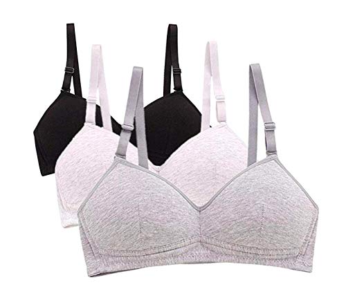 MANJIAMEI Women Teen Girls Thin Cotton Breathable Sports Bra Wire Free Push up Running A-cup Bra Solid 3 PACK 34