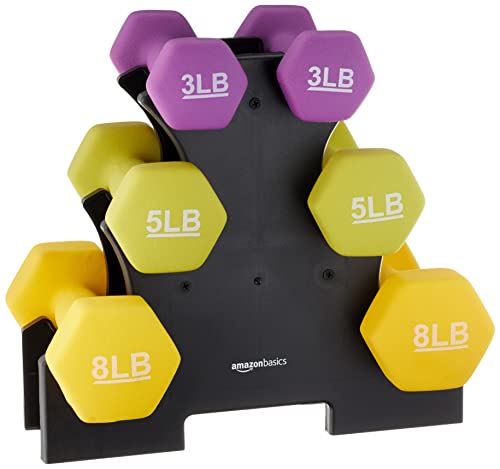 Amazon Basics Neoprene Coated Hexagon Workout Dumbbell Hand Weight, Rack with 3 Pairs (3, 5, and 8 pounds), Multicolor
