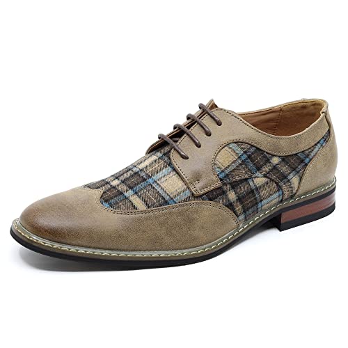 Metrocharm Alex-06 Men's Plaid Lace Up Wing Tip Classic Oxford Dress Shoes (10.5, Camel/Beige/Navy)