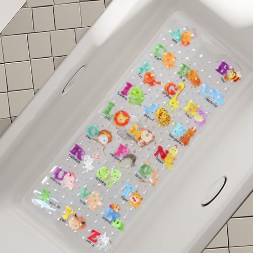 Secopad Baby Bath Mat for Tub for Kids, 40 X 16 Inch Non Slip Cartoon Bath Tub Shower Mat Anti Slip with Drain Holes and Suction Cups Machine Washable, 26 Alphabet and Animals