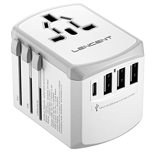 LENCENT Universal Travel Adapter, International Charger with 3 USB Ports and Type-C PD Fast Charging Adaptor for iPhone, Samsung, Tablet, Gopro. for Over 200 Countries (White)