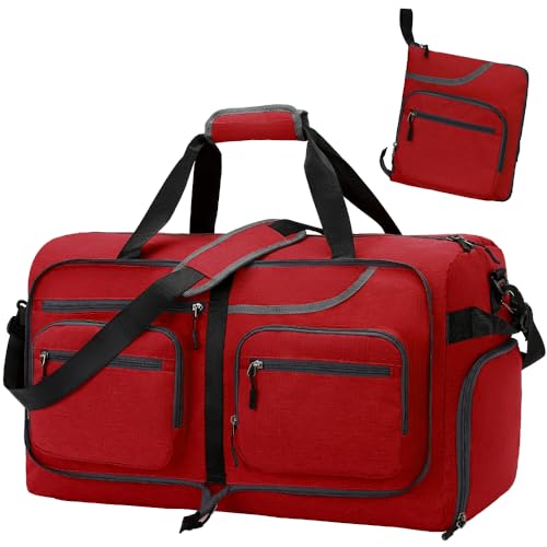 Travel Duffel Bag, 65L Foldable Travel Duffle Bag with Shoes Compartment and wet pocket, Waterproof & Tear Resistant (A6-Red, 65L)