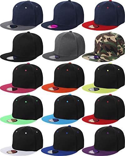 JaGely 15 Pack Snapback Hats for Men Hip Hop Style Hats Solid Baseball Hats Adjustable Snapback Cap Flat Brim Baseball Caps(Mixed Colors)