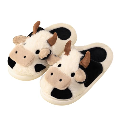 Gaolinci Cartoon Cow Cotton Slippers, Winter Indoor Outdoor Slippers for Women (US 8-9)