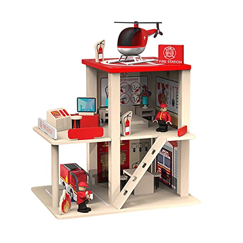 BBtinker Wooden Fire Station Playset, Multicolor 3-Level Pretend Play Dollhouse with Figures, Truck, Helicopter and Accessories, Preschool Learning Educational Toys for Toddlers Kids Age 3 and up